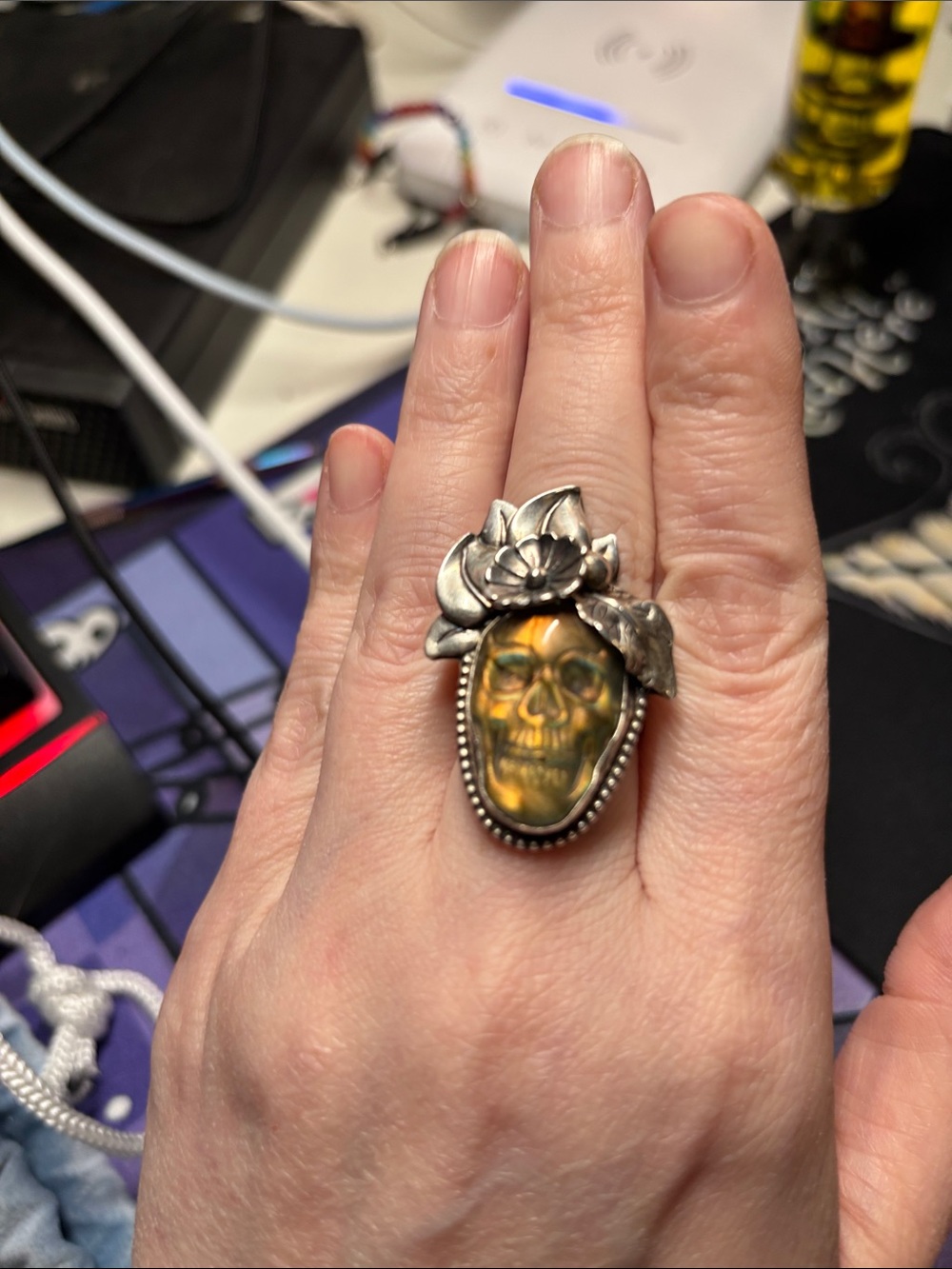 Tranquil Designs Hand Crafted Labradorite Sterling Decorated Floral Skull Ring